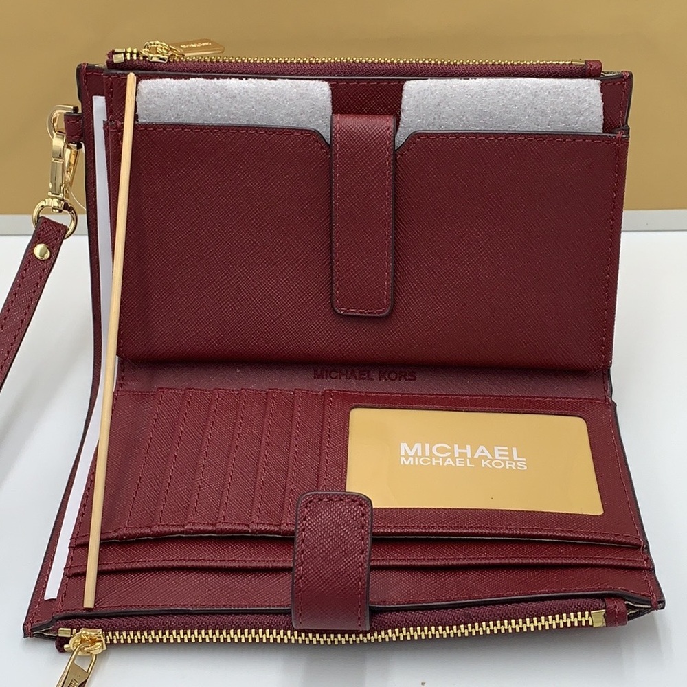 MICHAEL KORS LARGE DOUBLE ZIP WRISTLET WALLET DARK CHERRY COLOR MERLOT M… - Picture 3 of 16